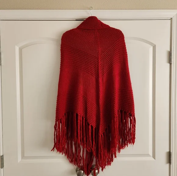LOFT Red Knit Crochet Poncho with Tassel Fringe (One Size) - Picture 2 of 5